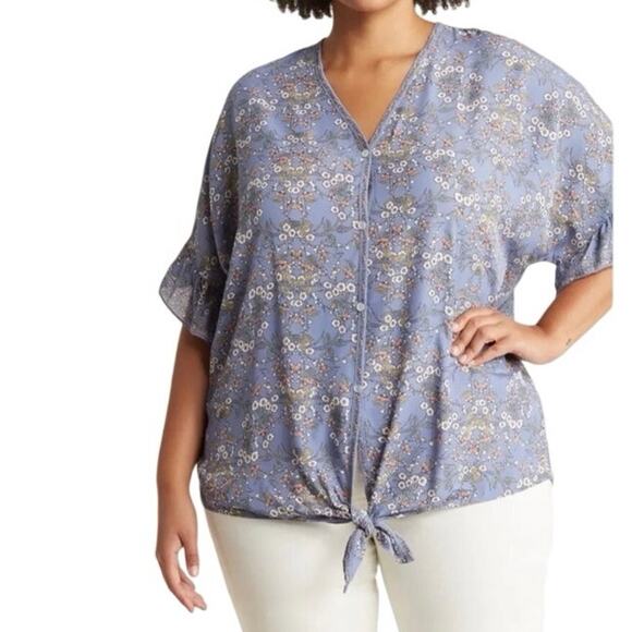 Max Studio Women Plus Size 2X Top Blouse floral Short Sleeve Blue Button NWT - Picture 1 of 8